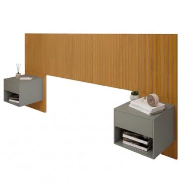 Imagem de Cabeceira Adesiva Ripado com 2 Mesas de Cabeceira Suspensa Sofia 1 Gaveta e Nicho - LH Móveis (Amadeirado - Mesa Cinza)