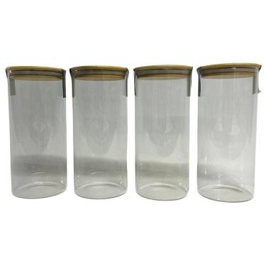 Imagem de Kit 4 Potes De Vidro Hermético Redondo Tampa De Bambu 1500Ml
