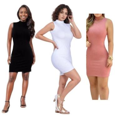 Imagem de KIT C/3 Vestidos Canelado Gola Alta - Emporio J, Preto, Branco, Rose, 
