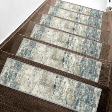 Imagem de Escadas antiderrapantes para degraus de madeira 15 peças - tapete de segurança interno de 20,3 x 76,2 cm, tapetes de borda com adesivo TPE, tapetes de escada adequados para animais de estimação e