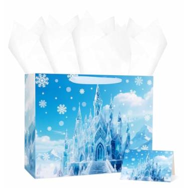 Imagem de MUNILAIL Bolsa de presente de castelo de 33 cm com alça de papel de seda e cartão de felicitações, bolsa de presente grande para meninas, aniversário, chá de bebê, bolsa de presente