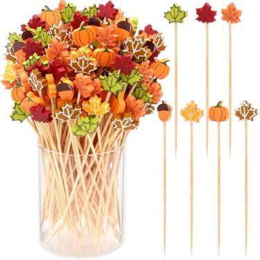 Imagem de 100 palitos de dente de ação de graças, palitos de coquetel de outono de 12 cm para aperitivos, espetos de palito de bambu de folha de bordo e bolota de bambu para o dia de Ação de Graças, suprimentos