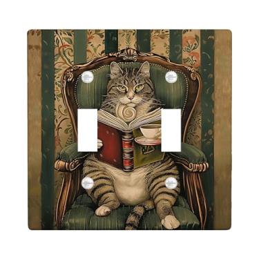 Imagem de Placa de cobertura para interruptor de luz de gato, tamanho padrão, estilo vitoriano, vintage, cadeira, pôster, animal, leitura, livro, marrom, verde, cinza, termoplástico, inquebrável, sala de jogos