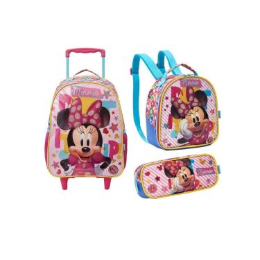 Imagem de Kit Mochila Escolar Rodas + Lancheira + Estojo Minnie Mouse