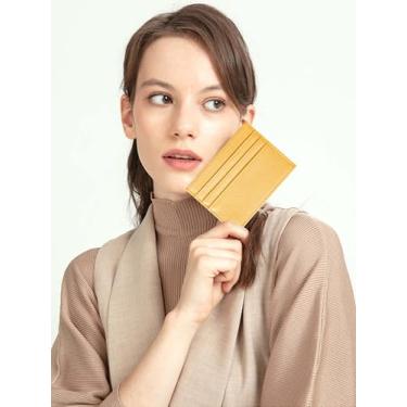Imagem de Carteira minimalista de couro genuíno, carteira fina para cartão de crédito com bolso frontal para homens e mulheres, Amarelo, Slim, Porta-cartão
