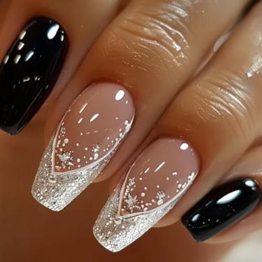 Imagem de Unhas postiças de caixão médio, cobertura total, unhas postiças prateadas, purpurina, ponta francesa, brilhante, gradiente, artificial, preto, cola, bastão, para mulheres, kit de decoração de manicure