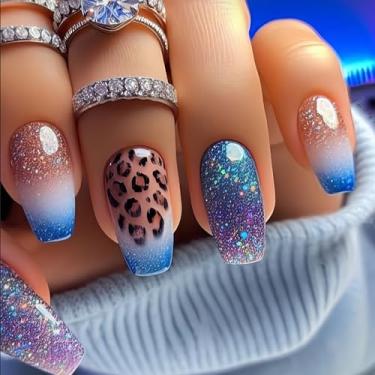 Imagem de Unhas de pressão quadradas médias brilhantes com glitter cola nas unhas falsas francesas, estampa de leopardo, adesivo de cobertura total, artificial, reutilizável, unhas de acrílico para mulheres