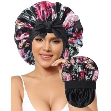 Imagem de Touca de cetim de seda para dormir - Touca de cabelo de camada dupla com faixa elástica para cabelo cacheado touca noturna (pasta de feijão + rosa)