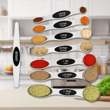 Imagem de Conjunto de 8 colheres magnéticas de medição com ímãs N45 fortes, metal de aço inoxidável resistente, cabe na maioria dos potes de especiarias de cozinha para assar e cozinhar com nivelador, sem BPA