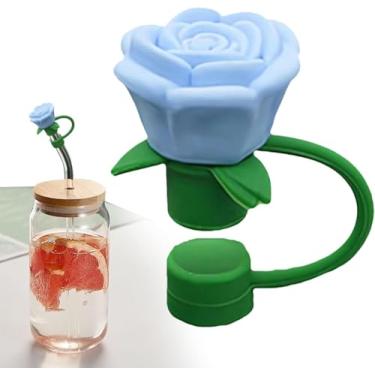 Imagem de Capas de palha de flor rosa de 10 mm para copo Stanley, capa de silicone à prova de poeira, pontas de canudo de flor, tampa de poeira para acessórios de 30 e 1,134 g (azul)