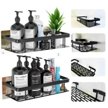 Imagem de Kit 2 Peçasn Prateleira Suporte de Banheiro Retangular, Preto, Plástico Premium, Fixação Adesiva, Para Shampoo e Sabonete, Capacidade 2kg, Design Luxo Sem Furar Parede