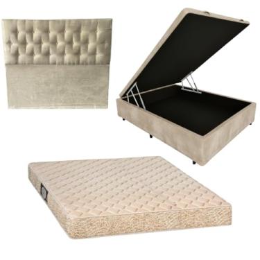 Imagem de Cama Box Baú Blindada com Colchão de Espuma Orthopedic + Cabeceira Botonê (SUEDE BEGE, Casal)