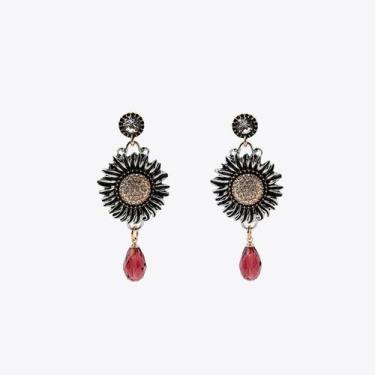 Imagem de Brinco floral com brilhos e pedra vermelha - Pitá Store