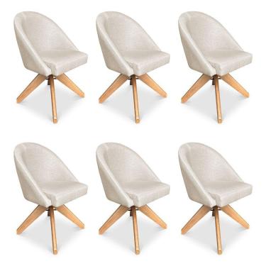 Imagem de Kit 06 Poltronas Cadeira Giratória Bela Linho Bege Base De Madeira - Pallazio