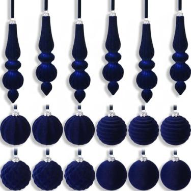 Imagem de Soulchen Conjunto de 18 peças de enfeites de Natal de veludo, decoração de árvore de acabamento flocado de 17 cm, pingente de bola de Natal inquebrável com fita para lustre de teto de árvore de Natal