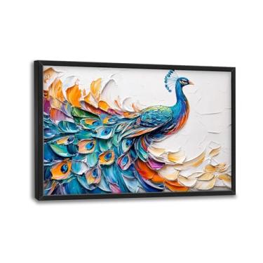 Imagem de Arte de parede de pavão para sala de estar, decoração de parede de lona de pavão rústico, pintura emoldurada de imagens de natureza, arte de animais para quarto, escritório, decoração de casa 91 cm x