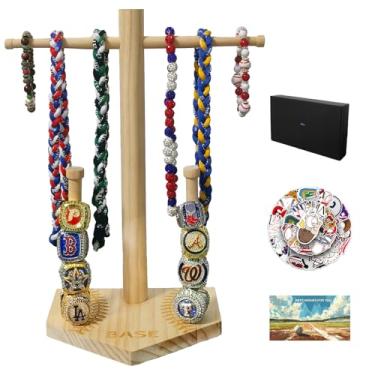 Imagem de Suporte de exibição de colar de beisebol de madeira, organizador de exibição de anéis de campeonato (para anel tamanho 9 ou maior), bônus de 50 peças de adesivos de beisebol, cartão de felicitações e