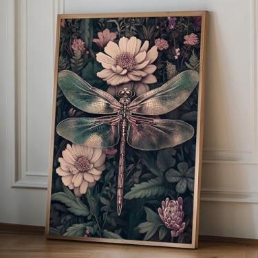 Imagem de Arte de parede vintage libélulas verdes pôster de flor gótica libélula floral arte em tela vintage pintura de insetos retrô pôster botânico escuro academia pintura decoração quarto 40 x 61 cm sem