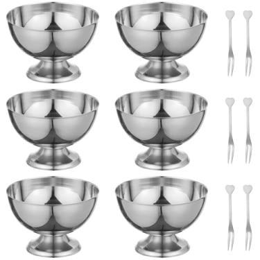 Imagem de Conjunto de 6 tigelas de aço inoxidável para sorvete, salada e frutas, completo com 6 garfos em forma de coração, capacidade de 200 ml, design moderno e elegante prateado para lanches e sobremesas