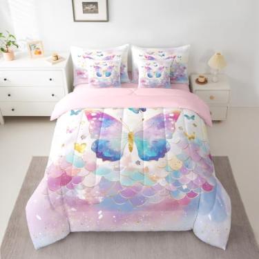 Imagem de jejeloiu Conjunto de edredom com estampa de borboleta, 7 peças, solteiro, para crianças, adolescentes, chique, com borboletas, em uma bolsa, para decoração de quarto, microfibra leve e macia
