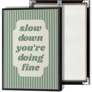 Imagem de Slow Down, You'Re Doing Fine Green Vertical Stripes Canvas Wall Art Vintage Estético Pôsteres Nostálgicos e Clássicos Impressões de Estilo para Sala de Estar Quarto Decoração de Parede 30 x 40 cm Sem