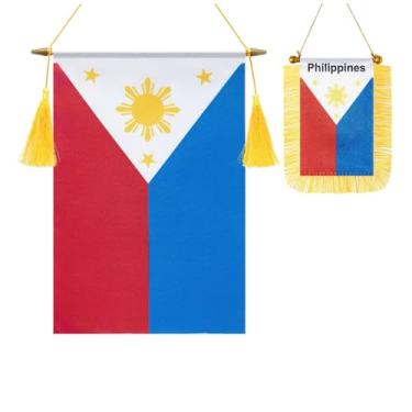 Imagem de Pacote com 2 bandeiras de parede das Filipinas, mini bandeira filipina pendurada na janela do carro, acabamento acetinado, tecido resistente, bandeiras patrióticas para decoração de espelho retrovisor