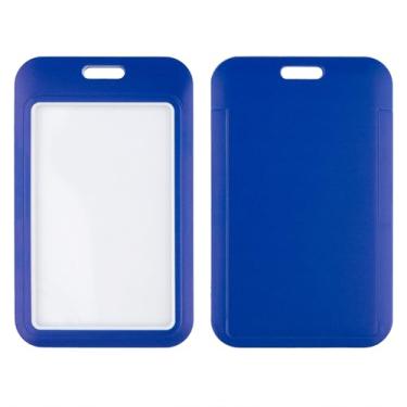 Imagem de BKBKAAK Pacote com 2 porta-cartões azuis, porta-crachás de identificação de plástico transparente, compartimento superior para cordão e chaveiro, capa de cartão de PVC reutilizável para trabalho