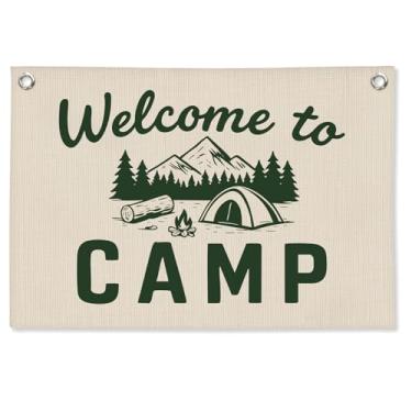 Imagem de STHTTSW Decoração de parede de quarto infantil de acampamento, decoração de sala de aula Bem-vindo ao acampamento, faixa de lona de linho, placa de boas-vindas verde, decorações temáticas de