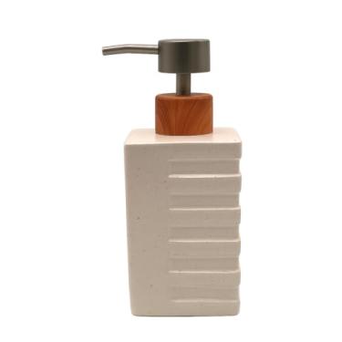 Imagem de Porta Sabonete Líquido em Cerâmica, 340 ml, Design Moderno com Base Texturizada, Acabamento em Madeira e Metal (Off White)