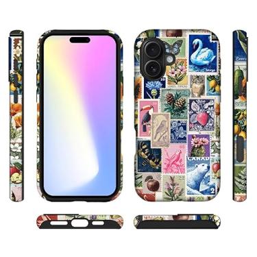 Imagem de ilikediy Capa híbrida para iPhone 17 com 2 camadas rígidas de silicone com estampa protetora - colagem de carimbo retrô