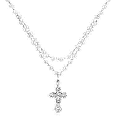 Imagem de immerFancy Colar de rosário com cruz para mulheres, gótico vintage católico crucifixo cruz colar em camadas para homens religiosa cristã Rosarios Catolicos joia presente, 15.75 inch, Latão Zircônia