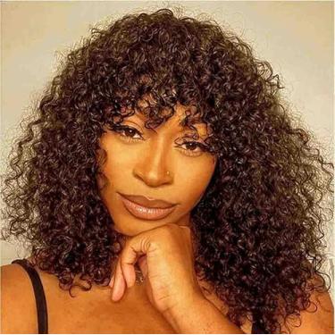 Imagem de PECWU Peruca encaracolada franja cabelo humano sem renda frontal sem cola curto kinky encaracolado afro peruca para mulheres negras Jerry cacheado peruca cabelo humano 200 densidade castanho chocolate