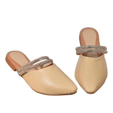 Imagem de Sandalia Feminina Estimo Mule Elegante com Tiras Brilhantes, Couro Sintético, Design Moderno, Confortável, (Bege, BR, Adulto, Numérico, 37)