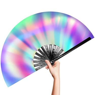 Imagem de OMyTea - Ventilador de mão dobrável de rave grande para homens/mulheres - Ventilador portátil japonês de bambu chinês - para EDM, festival de música, clube, evento, festa, dança, apresentação, decoração, presente, Aurora, 1