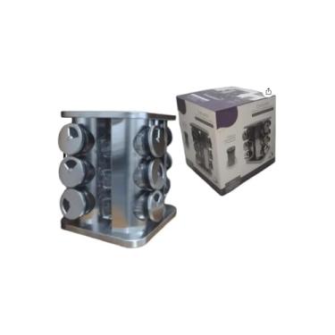 Imagem de Porta Condimentos Giratório com 12 Potes de Vidro, Base em Bambu e Inox, 90ml cada, 21,5x19,5cm, Suporte 360°