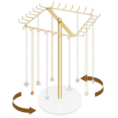 Imagem de PABOBIT Suporte giratório de metal, organizador de joias, expositor com 28 ganchos, armazenamento de colar para pendurar, chaveiros, pulseiras, correntes longas, árvore para mulheres e meninas