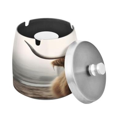 Imagem de Blueangle Cinzeiro engraçado de vaca Highland com tampa para cigarros, à prova de vento/chuva, aço inoxidável, sem fumaça, inodoro, cinzeiro para uso interno ou externo (171)