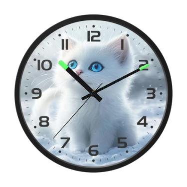 Imagem de SEHANY Relógio de parede de gato fofo, silencioso, sem tique-taque, operado por bateria, controle de som, luz noturna, relógios de parede para sala de estar, cozinha, quarto, escritório, decoração de