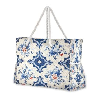 Imagem de Wassud Bolsa de praia grande com estampa de azulejo azul, para mulheres, impermeável, à prova de areia, bolsa de viagem com zíper e bolso para piscina, academia, acampamento