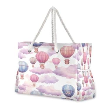 Imagem de Wassud Bolsa de praia com balões de aquarela grandes para mulheres, à prova d'água, à prova de areia, bolsa de viagem com zíper e bolso para piscina, academia, acampamento