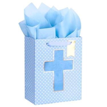 Imagem de Loveinside Bolsa de presente azul, bolsa de presente com design de cruz religiosa e pontos de folha dourada com papel de seda, etiqueta para batismos de bebês, chá de bebê, primeira comunhão