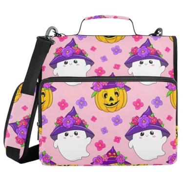 Imagem de Burbuja Fichário com zíper Cute Ghosts Pumpkins, bolsa com 3 anéis com lixa expansível e alça de ombro, serve para laptop de 13 polegadas, vários bolsos para trabalho de escritório