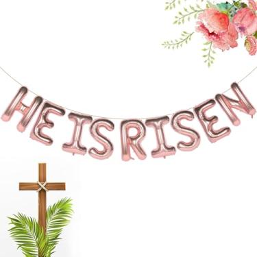 Imagem de He is Risen Balões de letra ouro rosa, decorações de páscoa grandes de 40,6 cm, faixa de balões de folha de Páscoa feliz para manto, lareira, parede, decoração de sala de aula, cenário de fotos