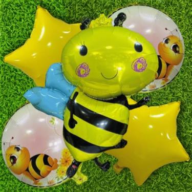 Imagem de Kit 5 Balões Metalizados Foil Tema Abelhinha – Flores e Estrelas para Festa Infantil, Chá de Bebê e Aniversário (Abelha balão redondo e estrelas)