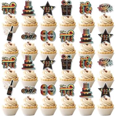 Imagem de Hokinaa 80th Birthday Cupcake Toppers - 36 Pcs Vintage Retro Sunset Birthday Party Decorations Paper Cup Cake Picks, Happy Anniversary Cheers to 80 Year Old Back in 1946 Decor Supplies for Men Women