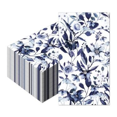 Imagem de 100 guardanapos de papel florais, toalhas de mão descartáveis para convidados, guardanapo de flores em aquarela azul marinho, papel decorativo de coquetel de flores para casamento, aniversário, chá de