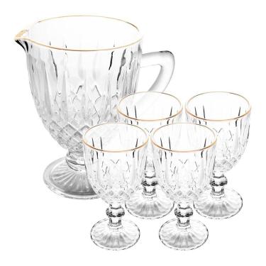 Imagem de Jogo Jarra 1l Greek Com 4 Taças De Vidro 345ml Fio De Ouro Borda Dourada água Suco Wolff