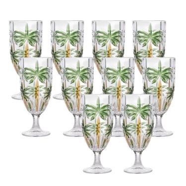 Imagem de Jogo 10 Taças De Cristal Palm Tree Coqueiro Para água Suco Wolff 450ml
