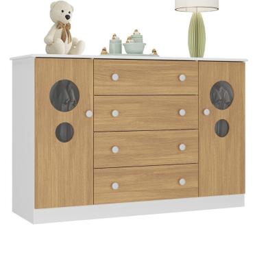 Imagem de Cômoda Infantil 125cm 2 Portas Com Vidro E 4 Gavetas Pirulito Multimóveis MP4470 Branco-madeirado