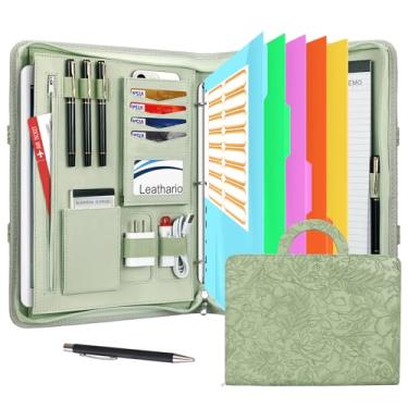 Imagem de Leathario Pasta de portfólio A4, pasta de conferência de couro vegano com alça, suporte de documentos de viagem de 4 anéis com 5 divisórias de arquivos de 5 partes, organizador de pastas de documentos